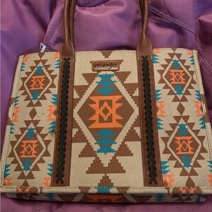 Wrangler Canvas Tote with Tribal Aztec Print in Beige, Brown, Orange and Blue